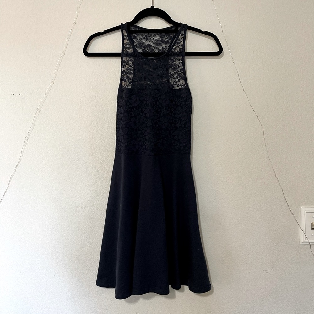 High Neck Lace Fit Flare Dress | Navy Blue